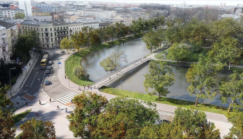 Koncepcja (wizualizacja) mostu między wzgórzem z Bastionem Sakwowym a Przedmieściem Oławskim