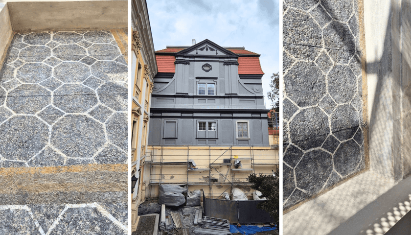 po lewej i prawej stronie - szczegóły malowidła, w środkowym kafelku remontowana wschodnia elewacja domu zakonnego, gdzie odkryto okno iluzjonistyczne