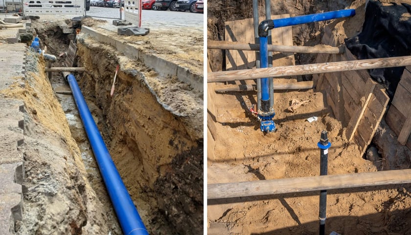 Niebieskie rury wodociągowe w wykopach.  Zdjęcia z modernizacji wodociągu w ul. Inowrocławskiej na Szczepinie.