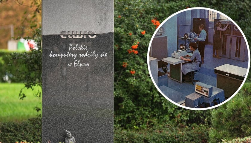 W tle: obelisk na skwerze ELWRO. Wrocław, 17 września 2025. W kółku: Produkcja komputerów Odra 1305 w zakładach ELWRO. Wrocław, 2 sierpnia 1971.