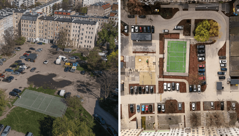 Zestawienie dwóch zdjęć: z lewej podwórko w kwadracie kamienic Górnickiego-Benedyktyńska-Sienkiewicza-Sępa_Szarzyńskiego przed remontem, widziane z lotu ptaka, z prawej - po remoncie