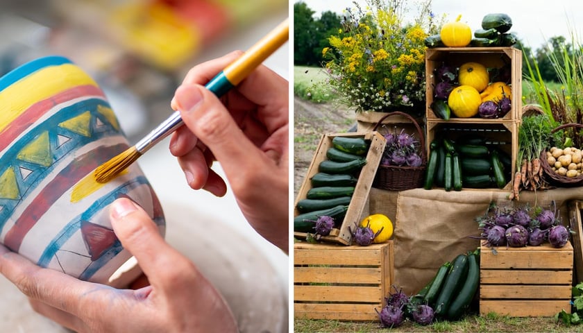 Po lewej: malowanie kubka, po prawej: warzywa z Farmy Miejskiej/ zdjęcia ilustracyjne