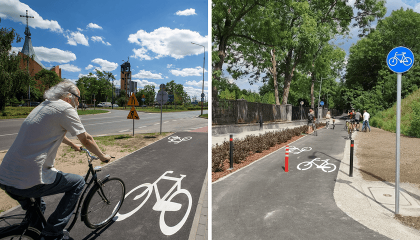 Zestawienie 2 zdjęć: z lewej rowerzysta na ścieżce rowerowej Hubska/Bardzka, z prawej fragment Promenady Krzyckiej
