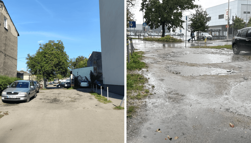 Zestawienie dwóch zdjęć: z lewej wjazd na podwórko przy Czajkowskiego, obok wjazd na podwórko po deszczu, widać kałuże i dziury