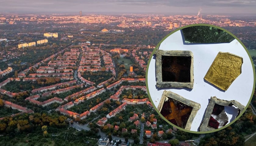 W tle - Sępolno we Wrocławiu, widok z drona. W kółku - fragmenty kościelnych witraży odnalezione przez archeologów.