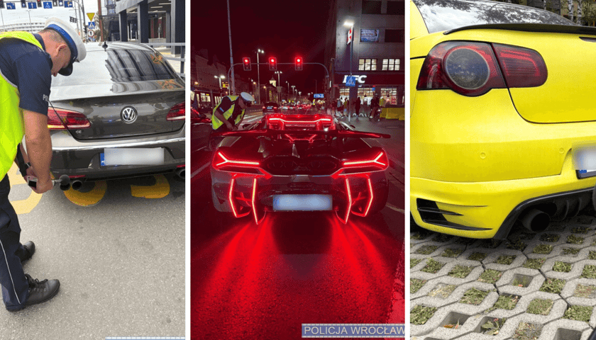 Trzy różne samochody; od lewej policjant sprawdzający poziom hałasu, w środkowym kafelku samochód nocą, w prawym, żółte auto stanowi tło dla sonopanu