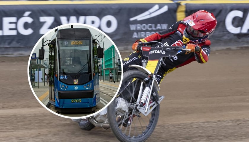 Zdjęcie ilustracyjne - żużlowiec na torze oraz tramwaj MPK