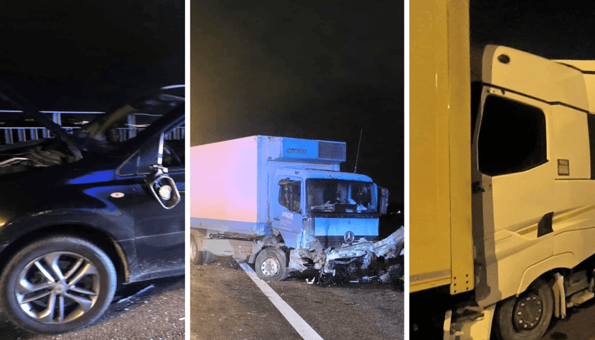 Z lewej rozbite auto osobowe, w środku ciężarówka z samochodem osobowym, po prawej dwie ciężarówki