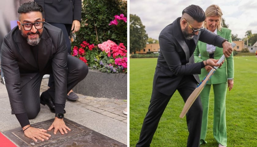 Na zdjęciu z lewej Abhishek Bachchan przy tablicy z odciskiem dłoni jego ojca, gwiazdora kina indyjskiego Amithaba Bachchana, na zdjęciu z prawej Abhishek Bachchan pokazuje wiceprezydent Wrocławia Renacie Granowskiej uderzenie w grze w krykieta