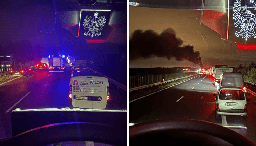 Droga ekspresowa w nocy z korkiem samochodów. Pożar ciężarówki na drodze S8 w rejonie węzła Psie Pole.