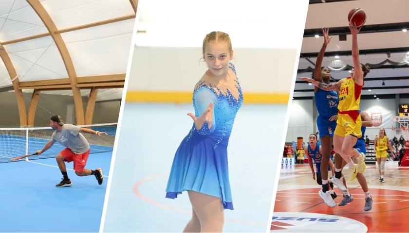 Tenisista na korcie w hali na Pułtuskiej | łyżwiarka na lodowisku na Sukielickiej | koszykarki na hali Ślęzy