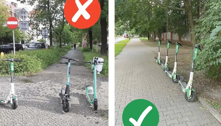 Dobrze i źle zaparkowane hulajnogi