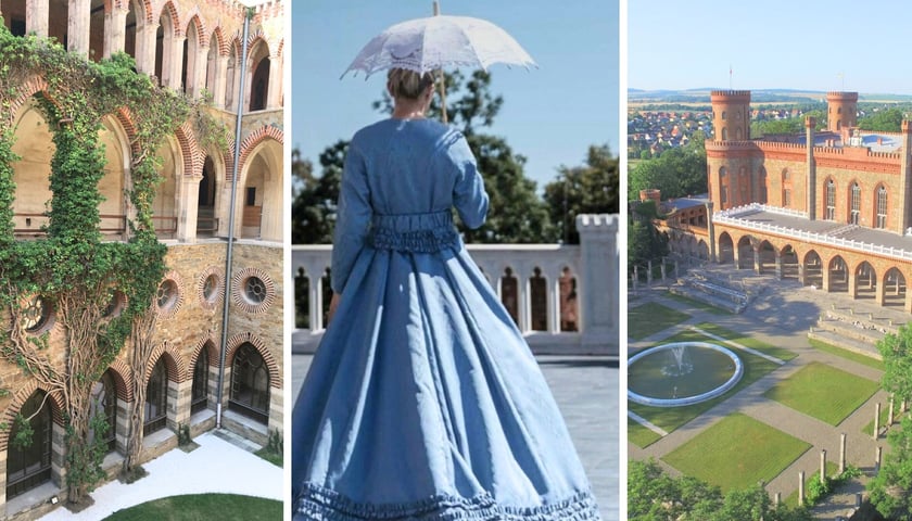 Na zdjęciu z lewej-dziedziniec pałacu Marianny Orańskiej, w środku modelka wystylizowana na Mariannę Orańską, z prawej pałac w Kamieńcu Ząbkowickim- widok z lotu ptaka