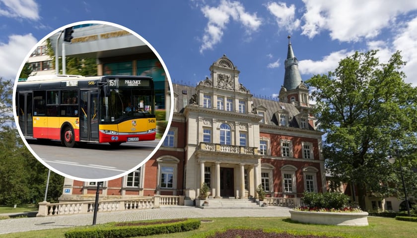 W tle: pałac w Pawłowicach, w kółku autobus MPK Wrocław / zdjęcia ilustracyjne