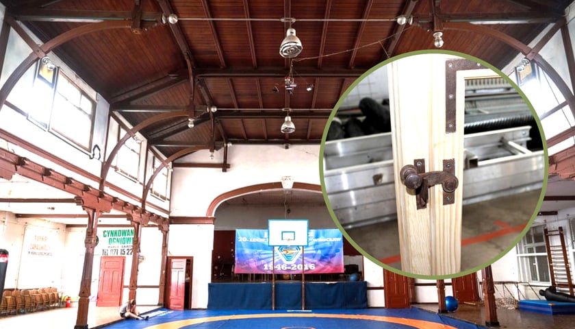 W tle hala sportowa KS Lotnik. W kółku z prawej widać odtworzoną stolarkę okienną z zabytkowymi okuciami