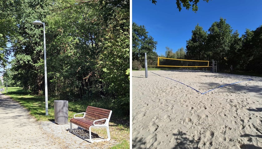 Zdjęcie podzielone na dwie części: latarnia i ławka na tle drzew w parku oraz piaszczyste boisko do siatkówki z drzewami w tle. Nowe oświetlenie ścieżki oraz boisko do siatkówki plażowej w Parku Maślickim.