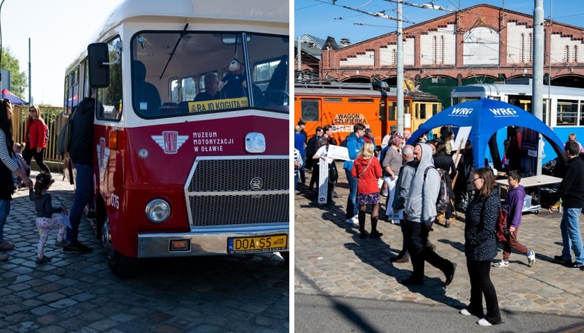 Dzieci, kobiety i mężczyźni, zabytkowy autobus i tramwaj. 27 września 2025 r.  Dzień Otwarty w Zajezdni Popowice