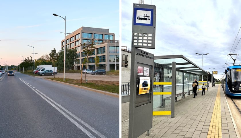 Na lewym zdjęciu aleja Architektów z miejscem przeznaczonym na torowisko, a na prawym przystanek tramwajowy o nazwie "Aleja Architektów" na ul. Kosmonautów