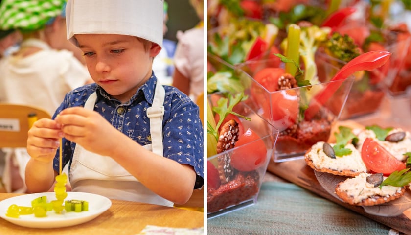 Po lewej: chłopiec przygotowujący ''szaszłyk'' z owoców, po prawej: wegetariańskie przekąski