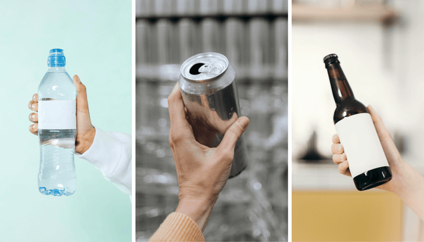 Od lewej: ręka z butelką plastikową, w środku ręka z puszką, po prawej ręka z butelką szklaną