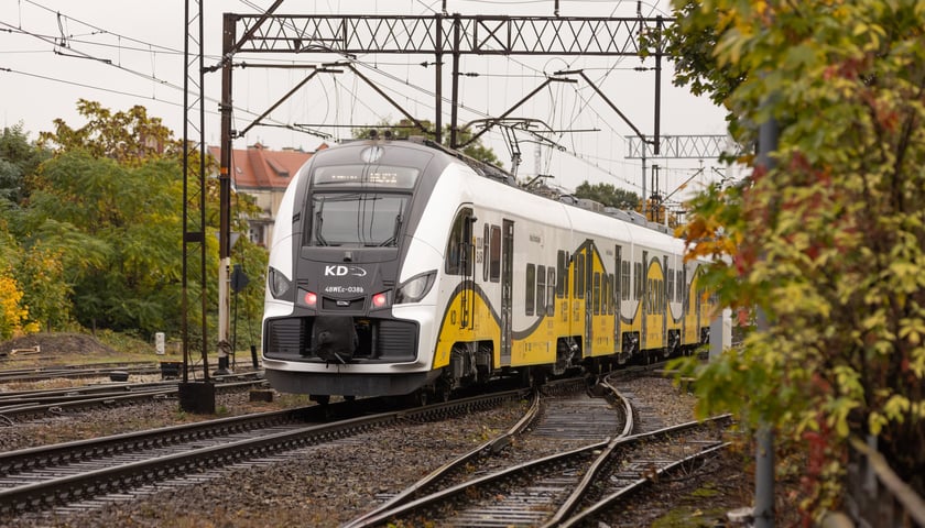 Pociąg Kolei Dolnośląskich na torach