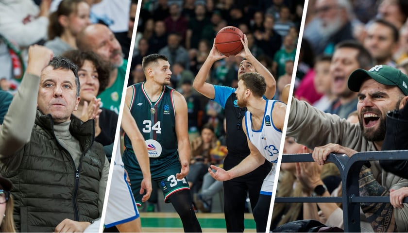 Rzut sędziowski oraz dwójka kibiców na trybunach Hali Stulecia | Śląsk - Neptunas | 30 września 2025