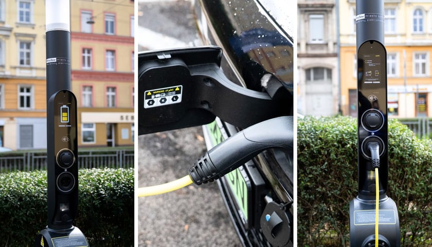 Kolaż trzech zdjęć, na których widać słupek ładujący i kabel podłączony do auta | parking przy skrzyżowaniu Kniaziewicza i Pułaskiego | 1 października 2025