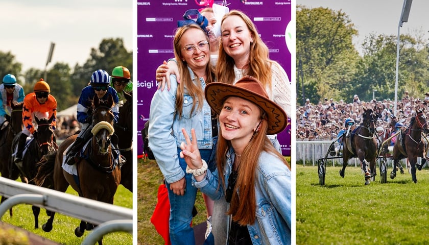 Trzy zdjęcia - na pierwszym gonitwa koni na torze wyścigowym, na drugim trzy młode uśmiechnięte kobiety, na trzecim - wyścigi kłusaków francuskich.