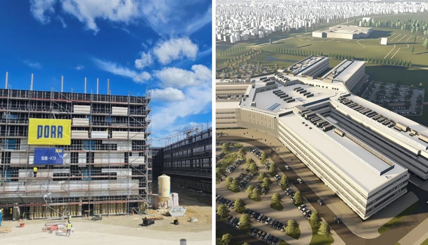 Zdjęcie z budowy nowego szpitala onkologicznego we Wrocławiu zestawione z wizualizacją gotowego obiektu.