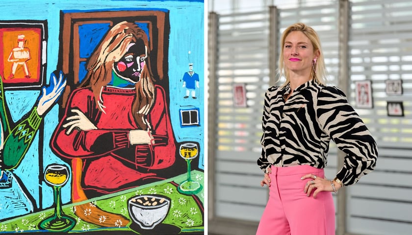 Kolorowy rysunek autorstwa Kate Bove przedstawiający kobiety siedzące przy stole | Kate Bove w czarno-białej koszuli