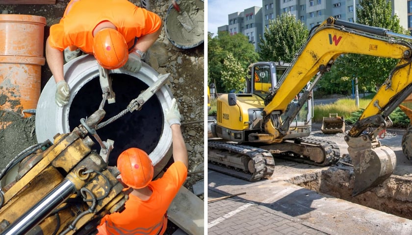 Dwóch mężczyzn w kaskach podczas prac remontowych, koparka na ulicy, zdjęcia ilustracyjne
