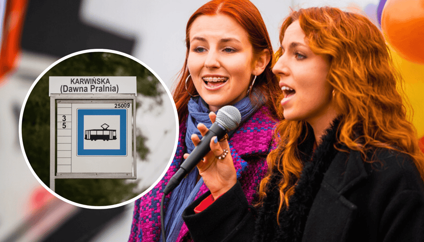 We Wrocławiu pojawił się dziś kolejny przystanek muzyczny: „Karwińska – Dawna Pralnia”. Na zdjęciu śpiewające kobiety, w kółeczku tabliczka z nazwą przystanku