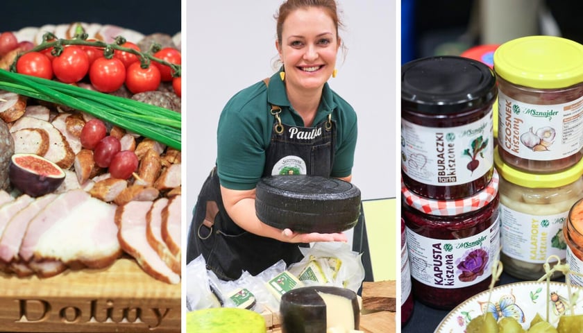na zdjęciach od lewej wędliny z Doliny Baryczy, w środku Pani Paulina z serami Serotoniny, z prawej kiszonki Sznajderów