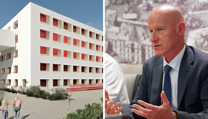 Zdjęcie dzielone: wizualizacja mającego powstać budynku Uniwersyteckiego Centrum Onkologii oraz prof. dr hab. Tomasz Wróbel, kierownik Katedry i Kliniki Hematologii, Nowotworów Krwi i Transplantacji Szpiku USK.