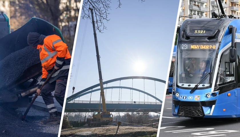 Zdjęcie z wrocławskich inwestycji: budowa tramwaju przez Popowice, budowa al. Wielkiej Wyspy i mostu Na Wilczym Kącie oraz tramwaj jadący do pętli "Nowy Dwór P+R"