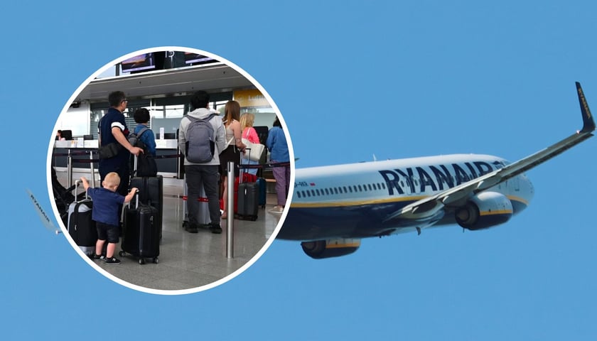 Samolot linii Ryanair a na małym zdjęciu w kółku wrocławskie lotnisko
