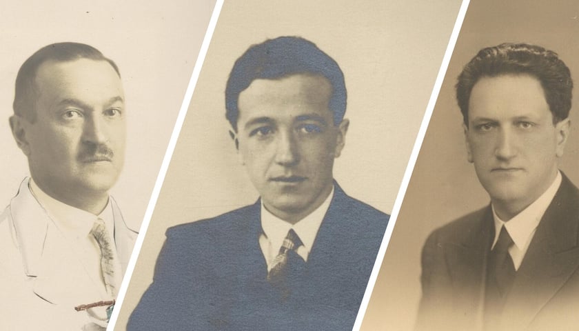 Zestaw zdjęć paszportowych trzech mężczyzn, od lewej: lekarz prof. Jan Grek, prof. Bolesław Popielski, specjalista w zakresie medycyny sądowej, prof. Leopold Infeld, fizyk