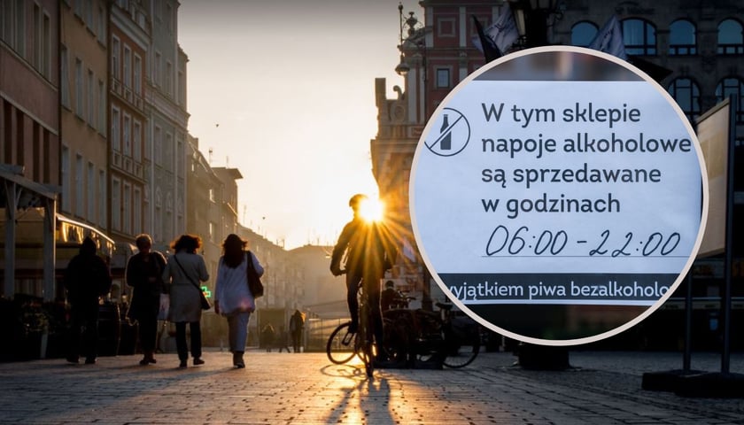 Ludzie na Rynku we Wrocławiu, kartka z wrocławskiego sklepu z godzinami sprzedaży alkoholu