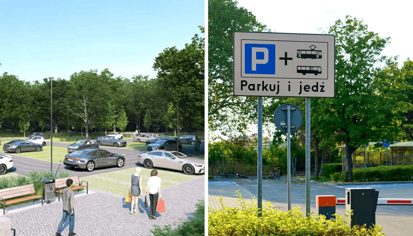 Zestawienie dwóch zdjęć: z lewej wizualizacja przyszłego parkingu w systemie Park&Ride koło stacji kolejowej Wrocław Leśnica. Na obrazku parking z samochodami otoczony drzewami i spacerujący ludzie. Obok znak Parkuj i jedź na parkingu przy ul. Kamiennogórskiej.
