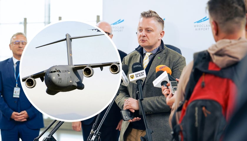 Duże zdjęcie: Jakub Stefaniak, sekretarz stanu, zastępca Szefa Kancelarii Prezesa Rady Ministrów na wrocławskim lotnisku; małe zdjęcie: amerykański Boeing C-17
