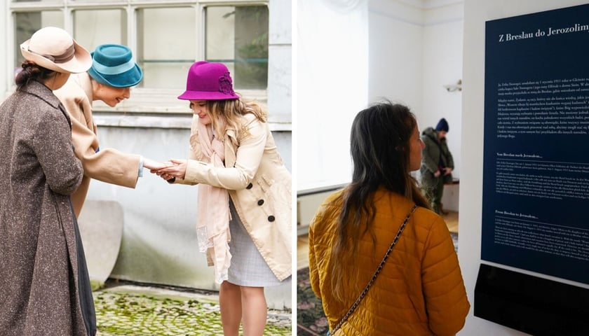 Po lewej: scenka teatralna, po prawej: kobieta zwiedzająca Dom Edyty Stein