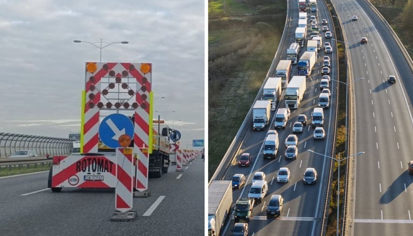 Samochód służby drogowej na AOW blokuje pas autostrady, korek na AOW, zdjęcie ilustracyjne