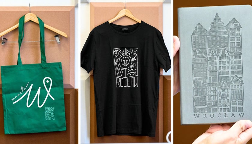 Na zdjęciu od lewej torba, koszulka z herbem i zeszyt wrocławski do wygrania w konkursie wroclaw.pl