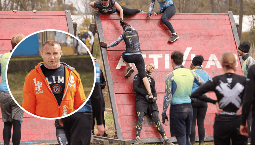 Kolaż 2 zdjęć. W kółki Mariusz Pudzianowski, w tle Runmageddon, kwiecień 2025