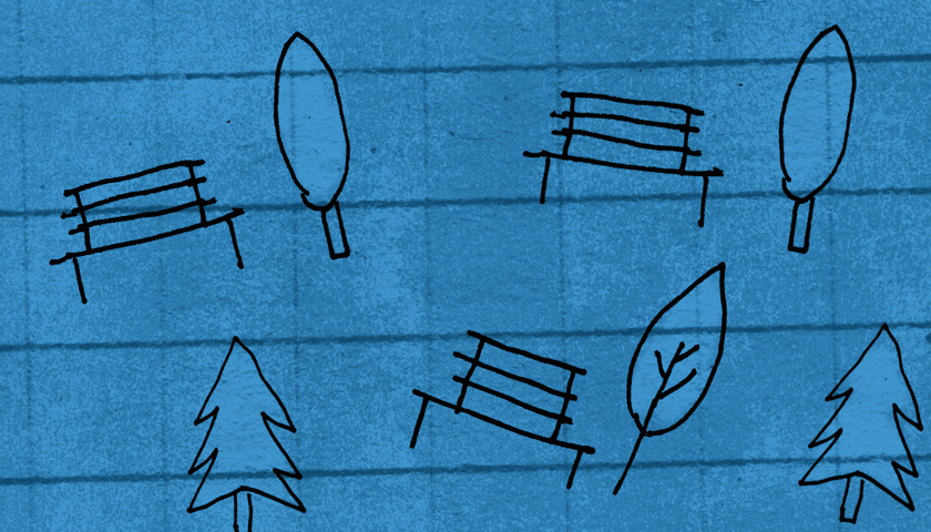 Motyw ławek i drzew. Grafika ilustracyjna