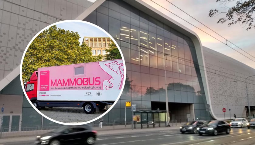 W tle centrum handlowe Wroclavia o wschodzie słońca, w kółku mammobus. Zdjęcia ilustracyjne