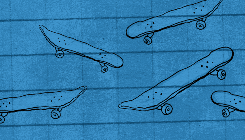 Deskorolki na niebieskim tle. Grafika ilustracyjna.