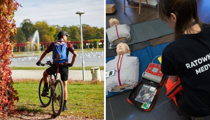 Z lewej: rowerzysta na wrocławskiej Pergoli, z prawej ratowniczka medyczna z defibrylatorem. Zdjęcia archiwalne, ilustracyjne