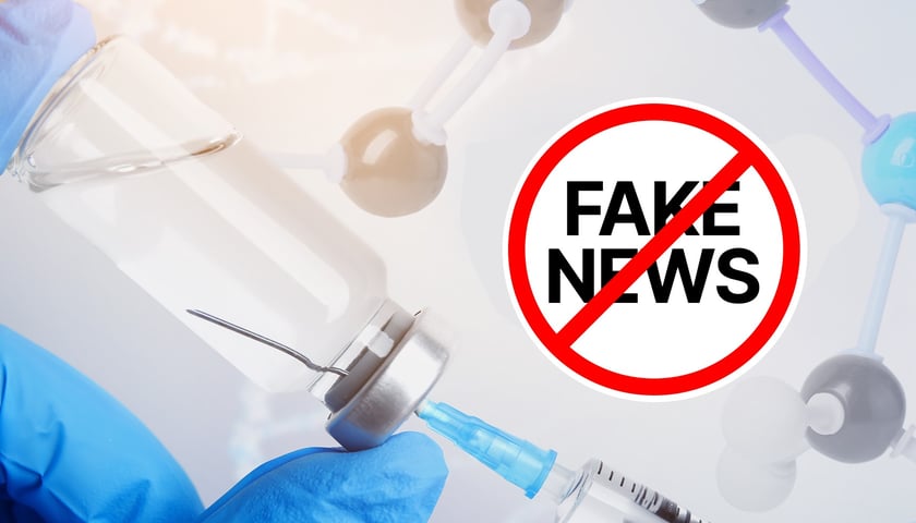 Na zdjęciu strzykawka z igłą i ampułka, z której pobierany jest lek. W owalu z zakazem napis: fake news
