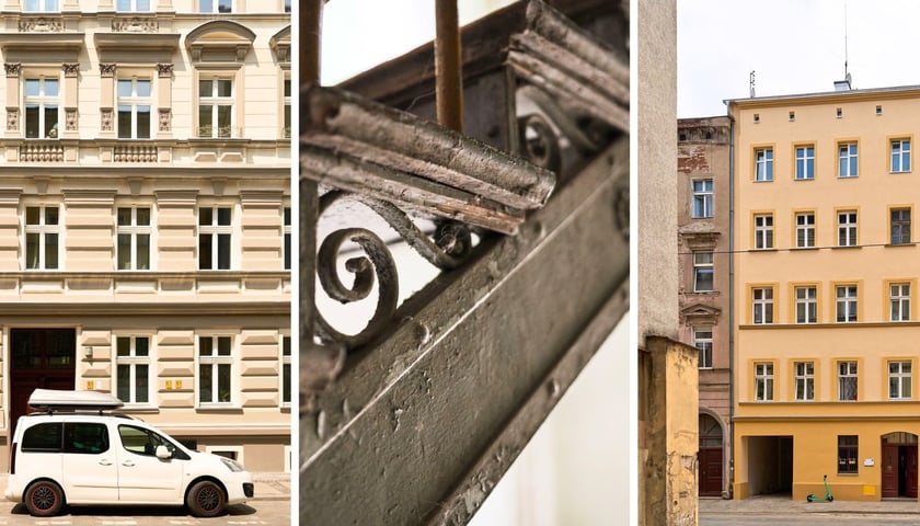 Elewacje dwóch onowionych kamienic na Prądzyńskiego i schody na klatce Prądzyńskiego 43 przed remontem